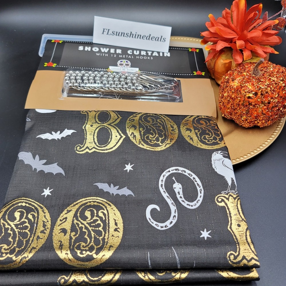 Halloween Shower Curtain Boo Metallic Foil Bat Skull Raven Web Snake Gothic Bath